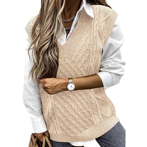 Grobstrick-Sweaterweste mit V-Ausschnitt, ärmellos, Oversize, Damen, SSU-00048