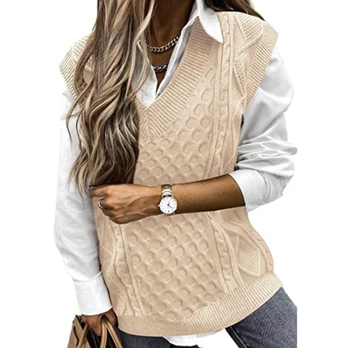 Chunky Knit V Neck Sweater Vest Women Sleeveless Oversized SSU-00048