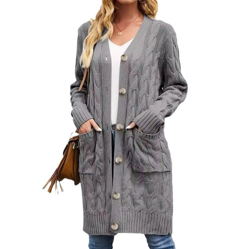 Cardigan lungo in maglia di lino, aperto sul davanti, con lavorazione a trecce grosse e tasche.