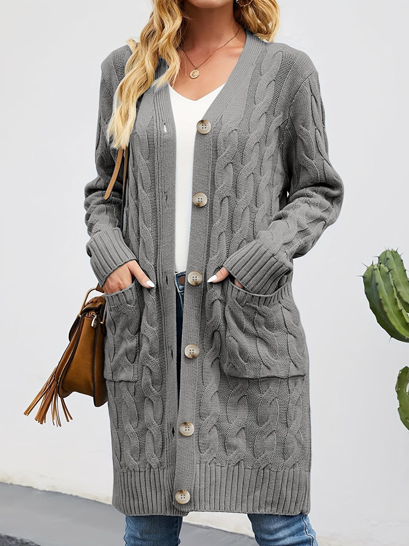 Linen Knit Cardigan Long Open Front Chunky Cable Knit with Pockets