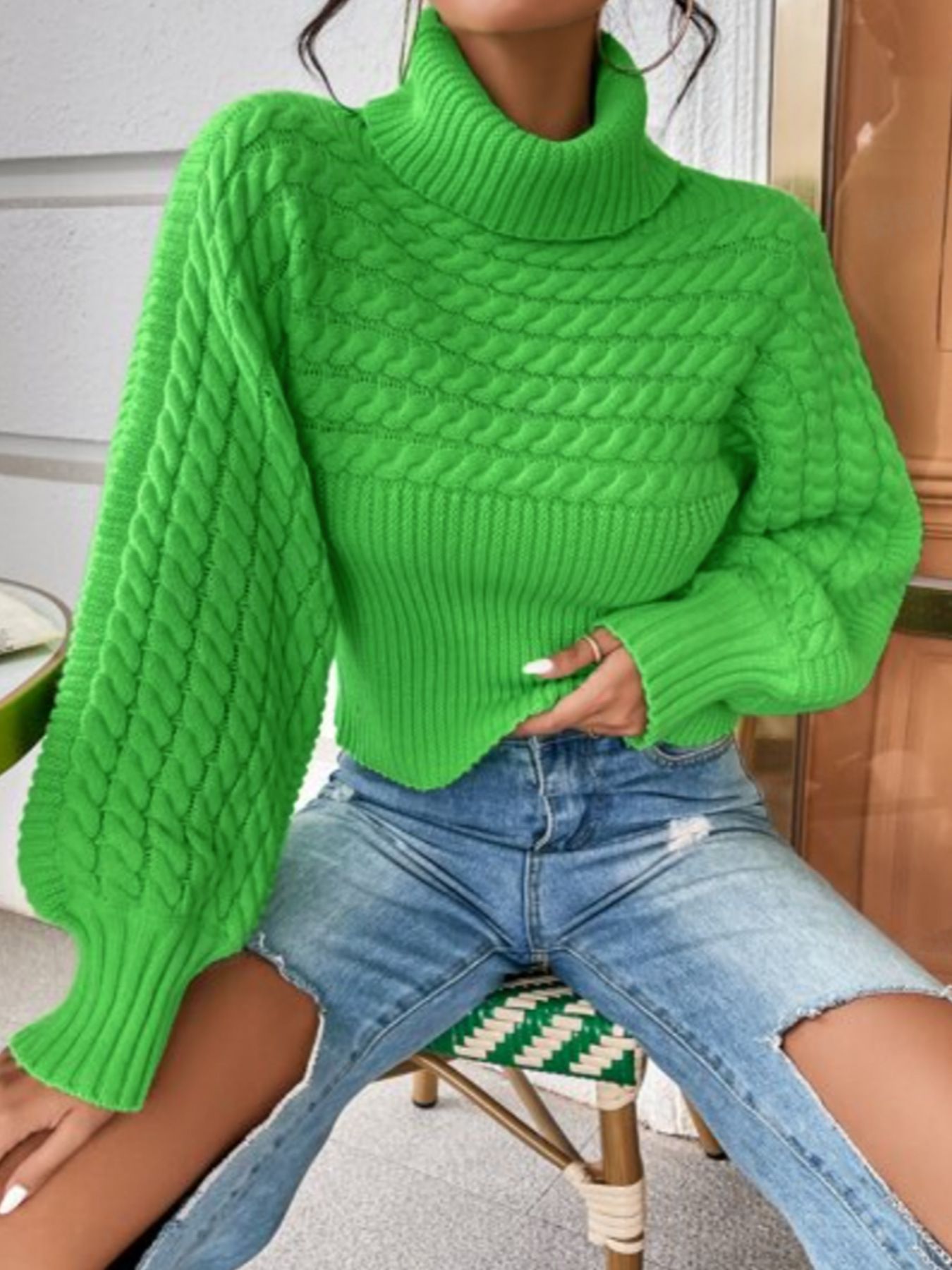 Cotton Cable Knit Turtleneck Sweater - Long Sleeve Fall Winter SSU-00025