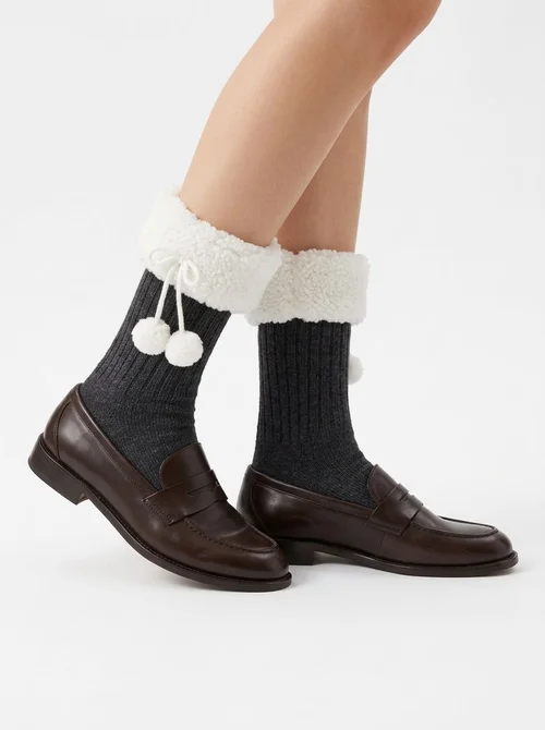 Fleece Cuff Pom Pom Ribbed Crew Socks