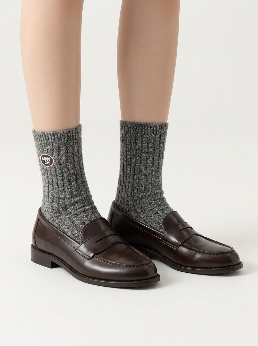 Wool Happy Day Patch Ribbed Crew Socks