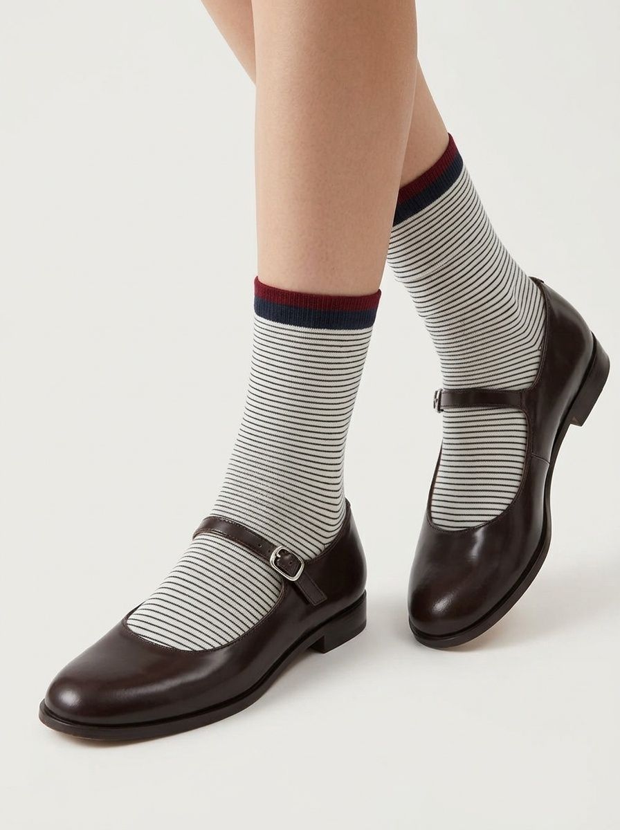 Striped Crew Socks with Contrast Ribbed Cuff