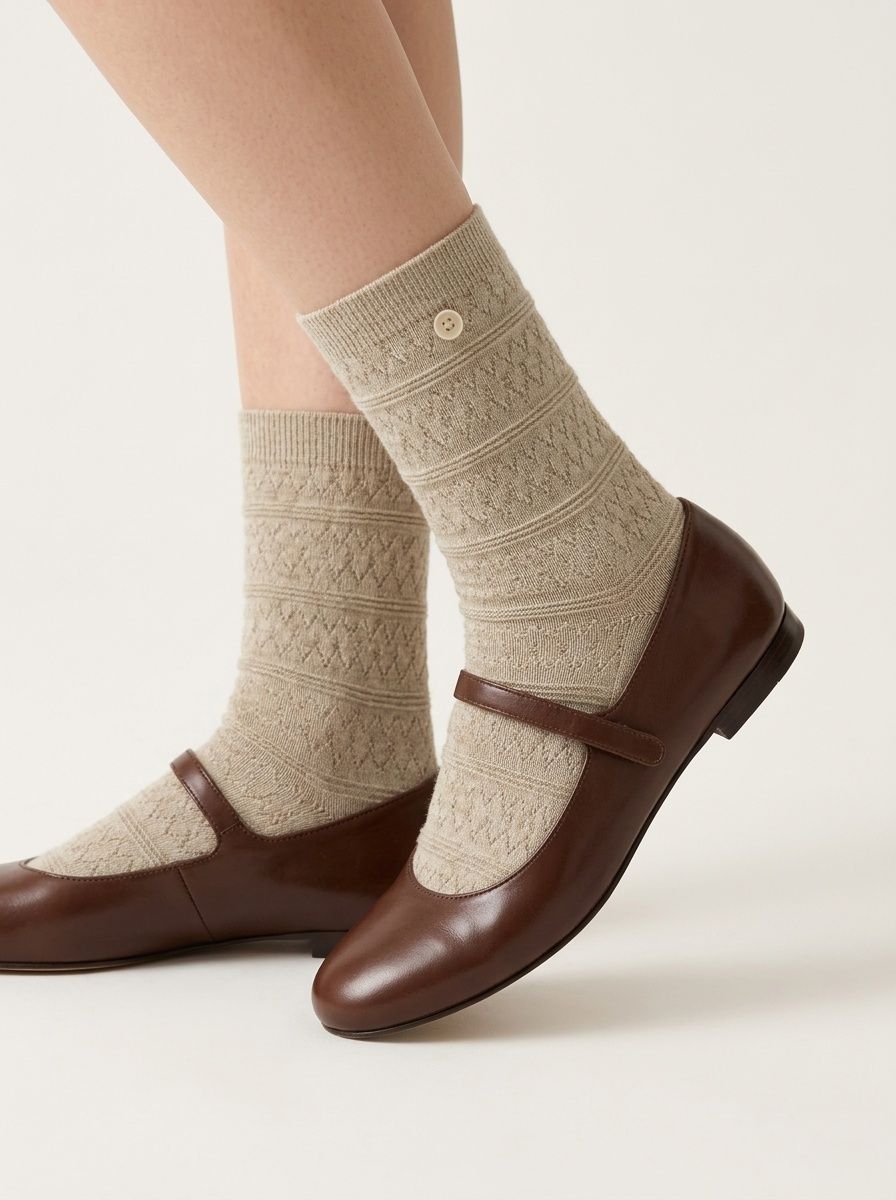 Textured Knit Crew Socks with Button Accent