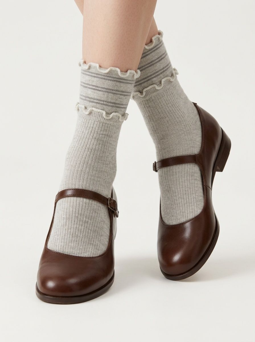 Women's Ruffle Cuff Ribbed Crew Socks with Stripes