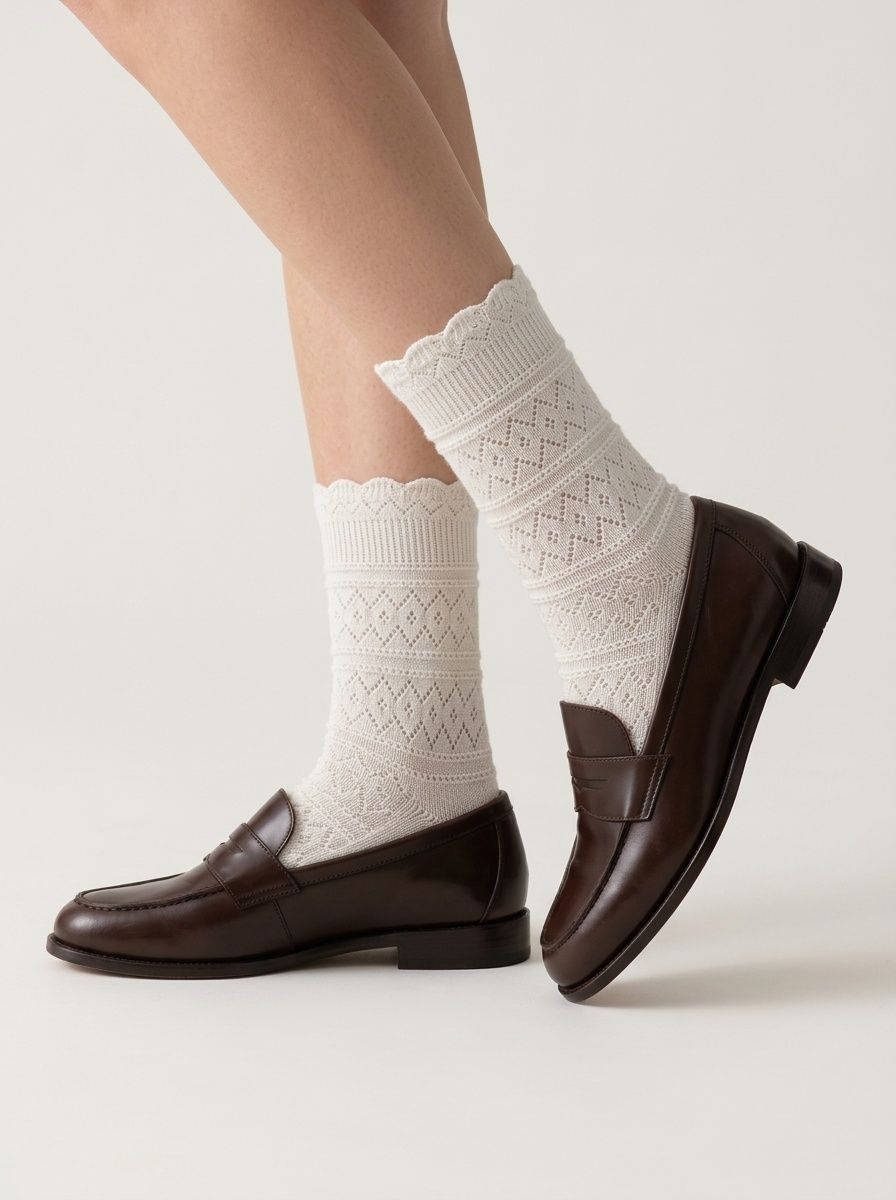 Women's Lace Knit Crew Socks with Scalloped Edge