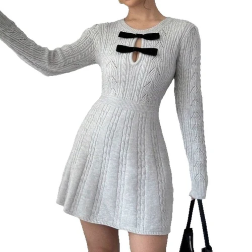 Knit Mini Dress Long Sleeve Solid Color - Cutout Neckline