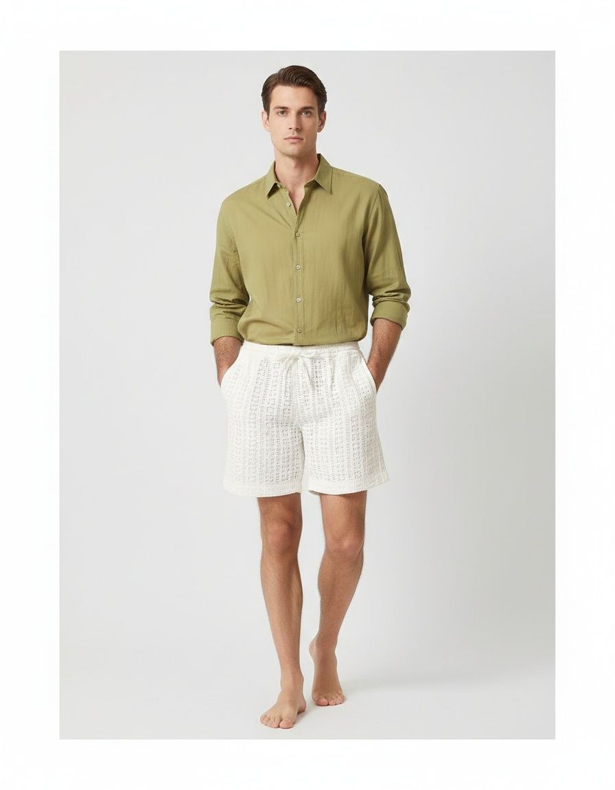 Pantalones cortos deportivos casuales de pierna recta con diseño calado y cordón para ropa de verano para hombre