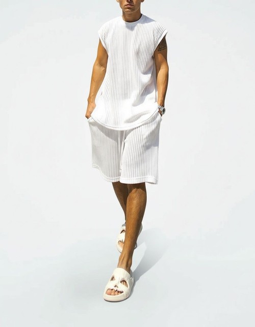 Knitted Loose Fit Casual Summer Set for Men with Sleeveless Vest and Shorts