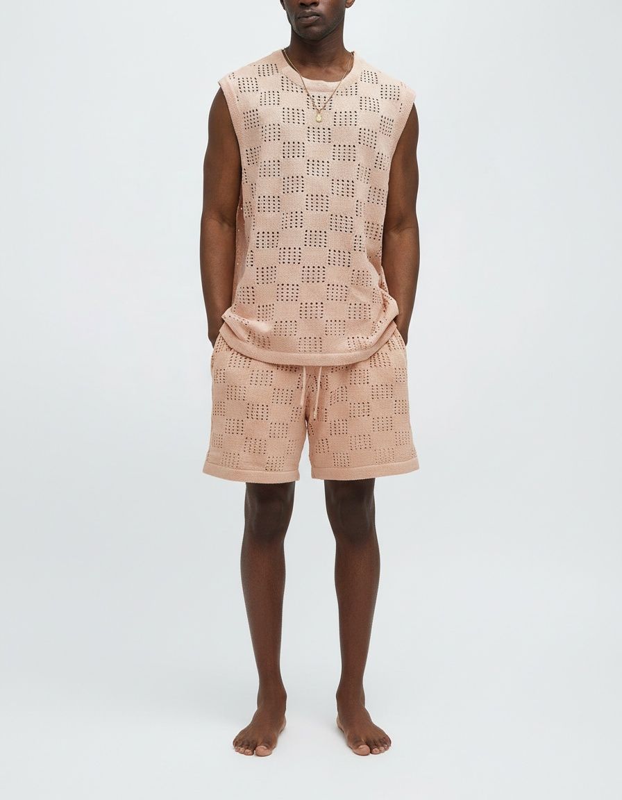 Conjunto deportivo de dos piezas con chaleco sin mangas y pantalones cortos de cuello redondo de punto para ropa informal de verano para hombre