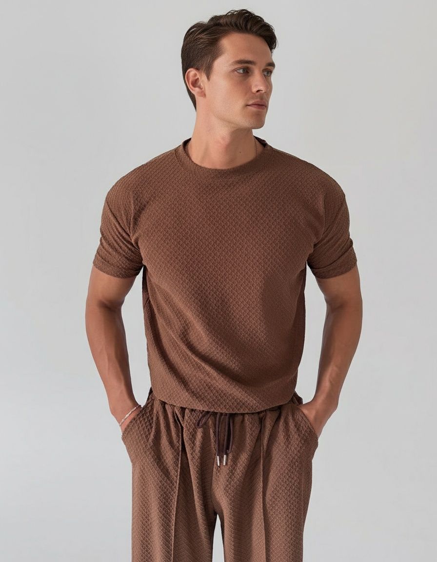 Conjunto casual de verano para hombre: camiseta y pantalones cortos con cuello redondo texturizado