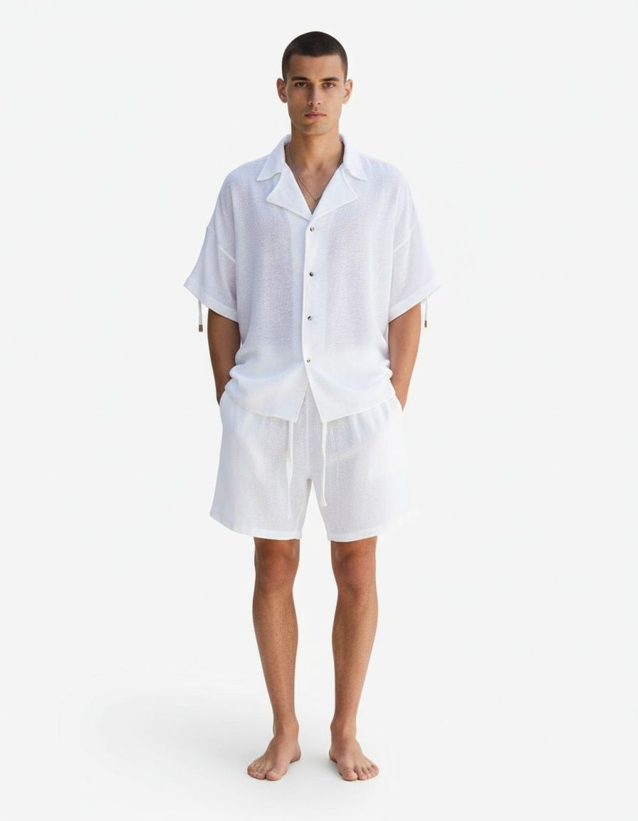 Conjunto de dos piezas de camisa y pantalones cortos holgados de color liso con solapa para ropa informal de verano para hombre