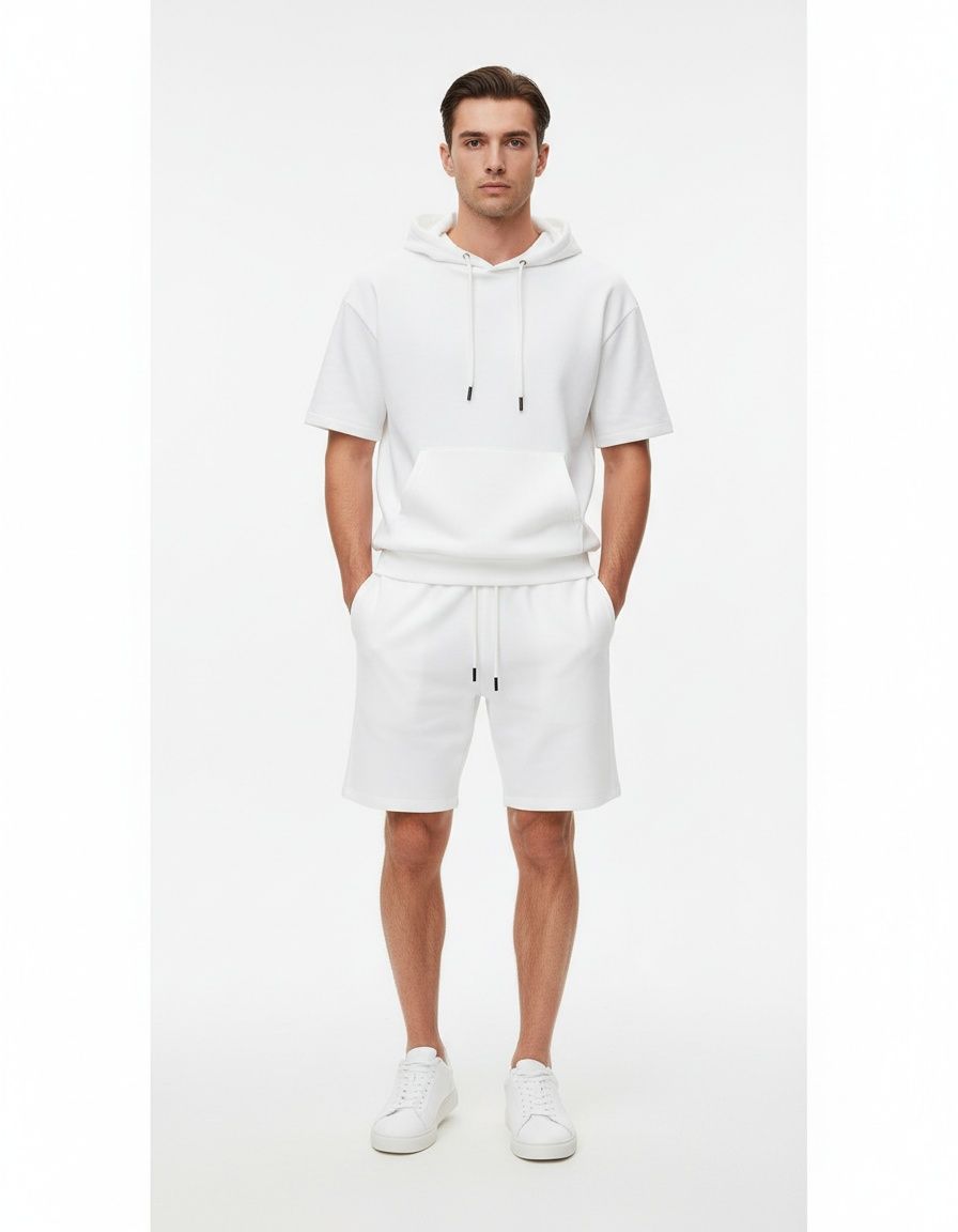 Conjunto deportivo de manga corta con capucha de color liso para ropa informal de verano para hombre