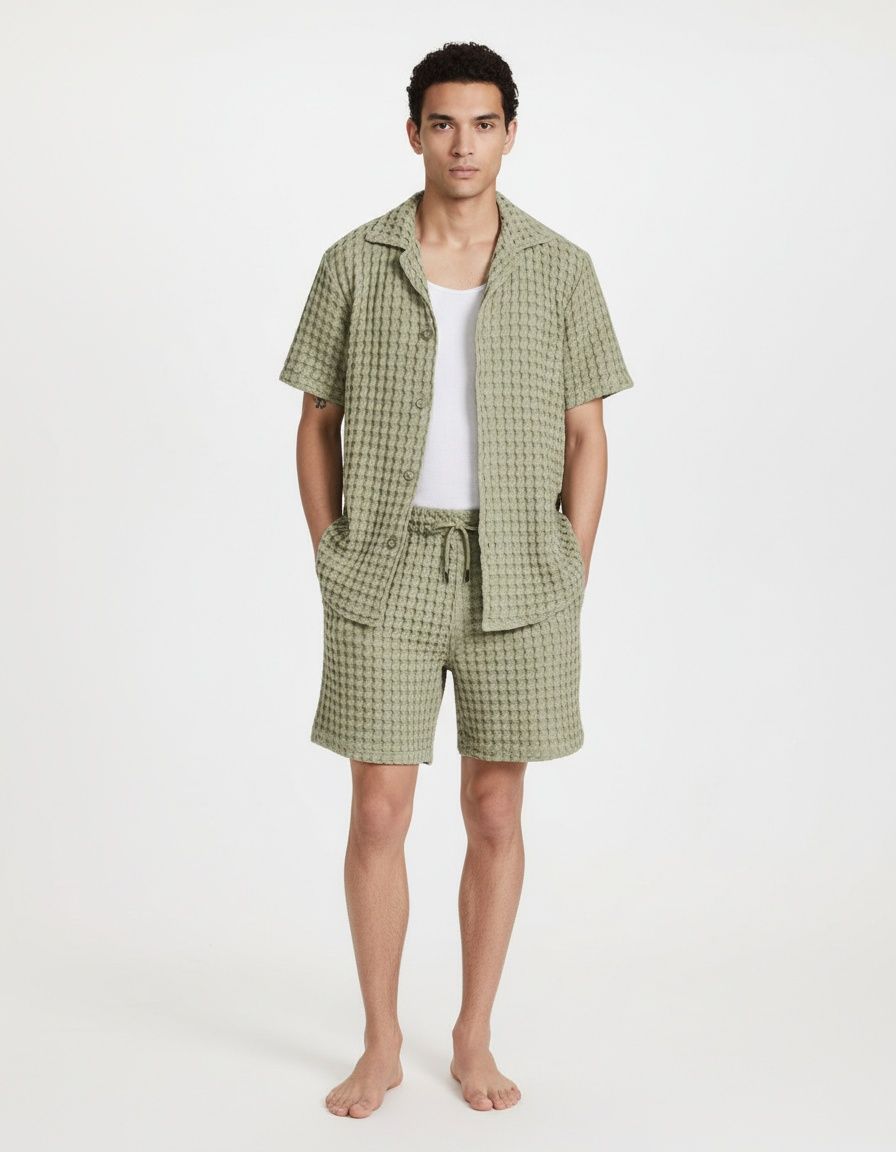 Zweiteiliges Set aus V-Ausschnitt-Kurzarmhemd und Shorts für Herren – lässige Sommerkleidung