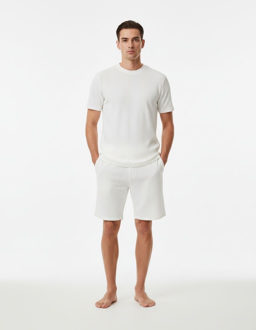 Zweiteiliges Set aus strukturiertem, einfarbigem T-Shirt mit Rundhalsausschnitt und Shorts für Herren – ideal für den Sommer und die Freizeit.