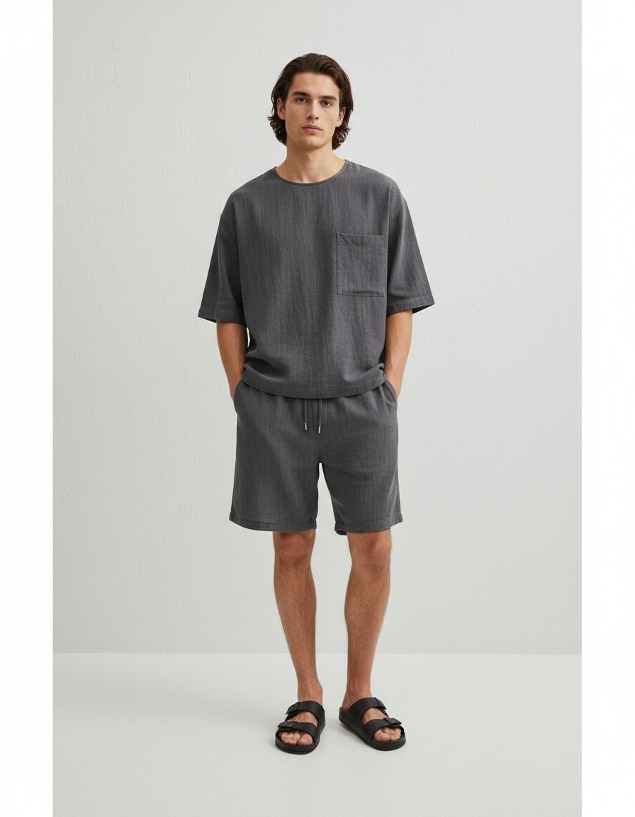 Locker geschnittenes, kurzärmeliges Hemd mit Rundhalsausschnitt und Shorts – zweiteiliges Set für Herren, ideal für lässige Sommerkleidung