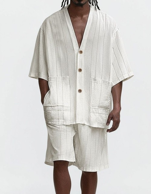 Striped Button-Down Cardigan and Shorts Two-Piece Set for Men's Casual Summer Wear
