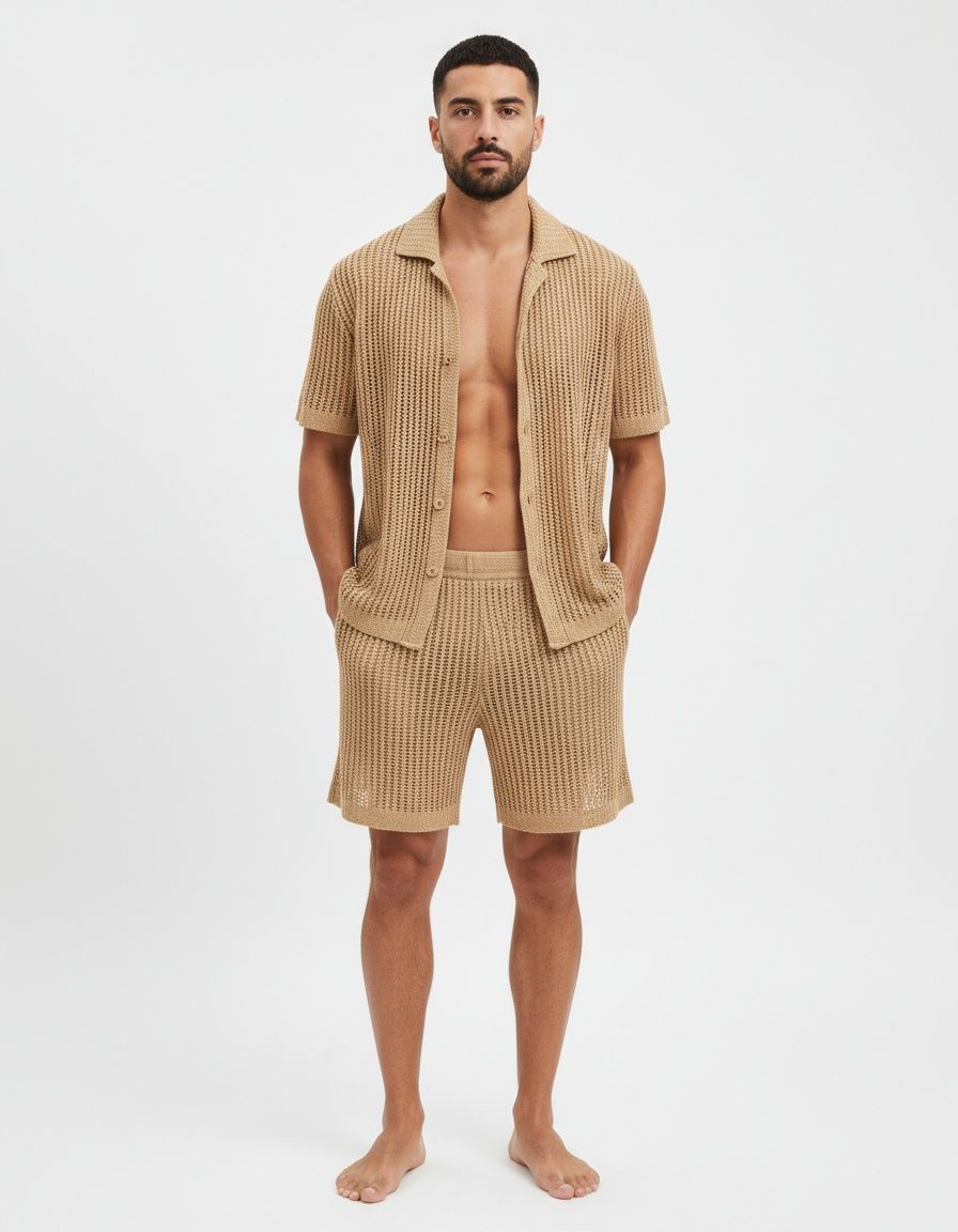 Solid Color Short-Sleeve Collared Shirt and Shorts Breathable Summer Set for Men