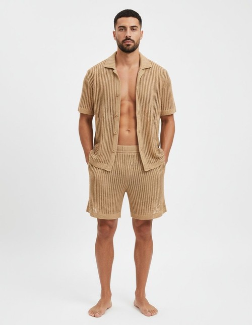 Solid Color Short-Sleeve Collared Shirt and Shorts Breathable Summer Set for Men