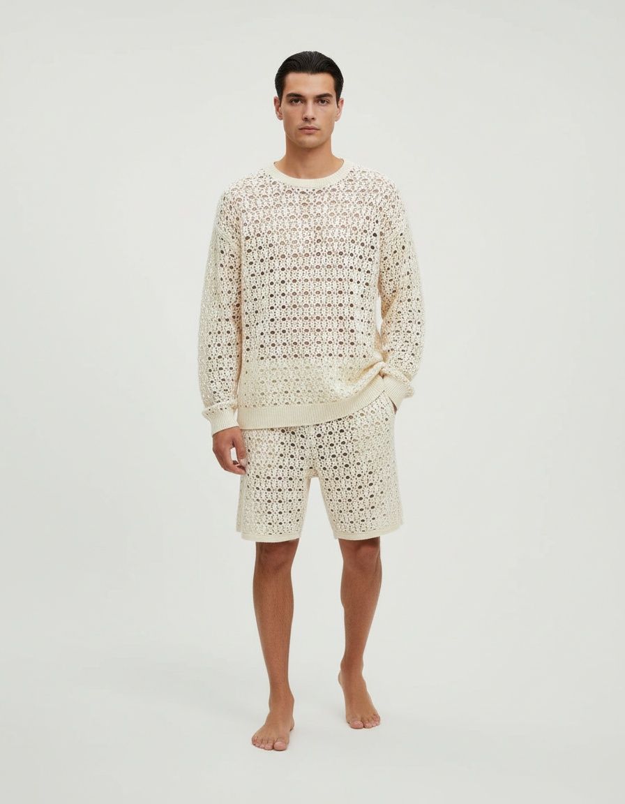 Loose Fit Hollow-Out Men's Suit with Long Sleeve Top and Shorts for Spring Casual Wear