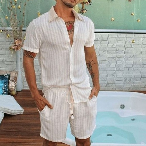 Loose Fit Breathable Striped Summer Shirt and Shorts Set for Men's Casual Wear