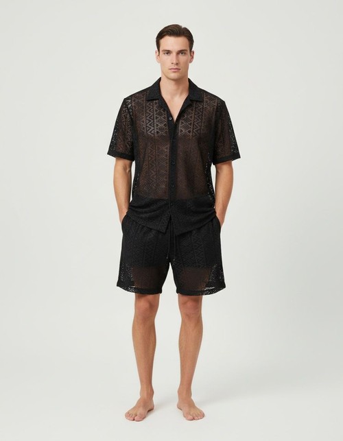 Loose Fit Hollowed-Out Short-Sleeve Shirt and Shorts Two-Piece Set for Men's Casual Summer Wear