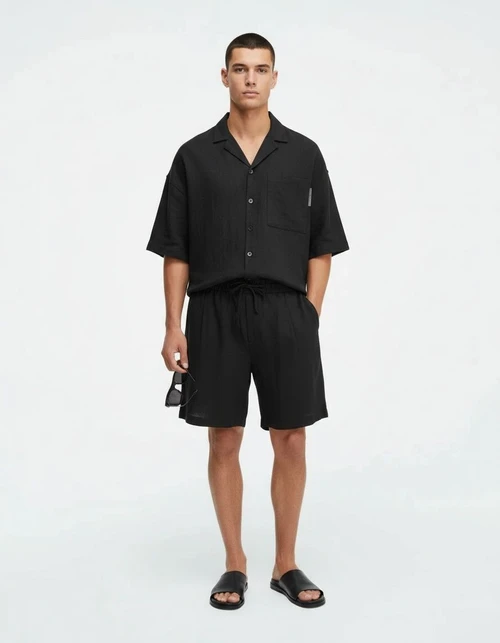 Loose Fit Breathable Short-Sleeve Shirt and Shorts Two-Piece Set for Men's Casual Summer Wear