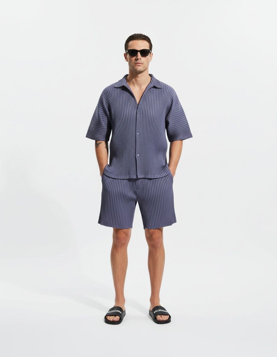 Loose Fit Cotton Blend Short-Sleeve Beach Set for Men's Casual Summer Wear