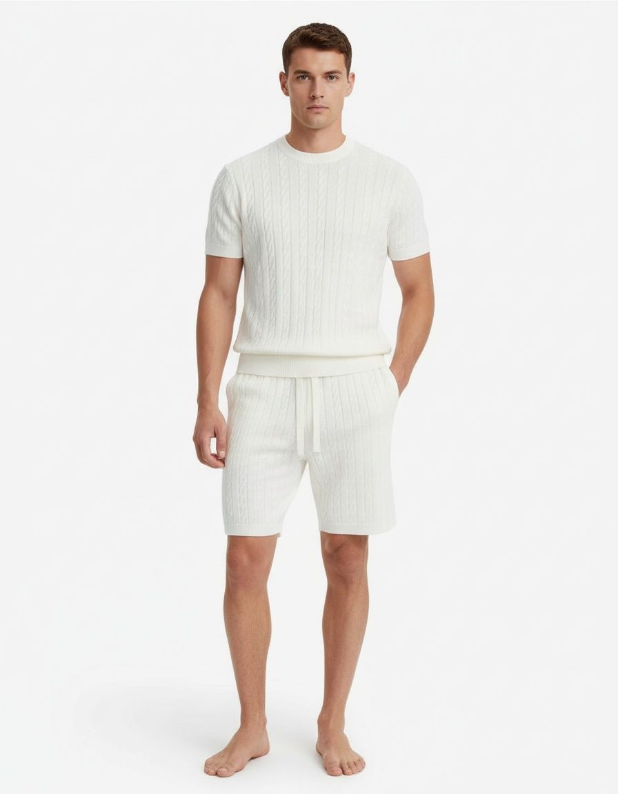 Knitted Breathable Short-Sleeve T-Shirt and Shorts Two-Piece Set for Men's Casual Summer Wear