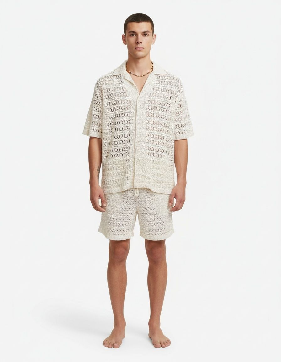 Short-Sleeve Button-Up Shirt and Shorts Two-Piece Set for Men's Breathable Casual Wear