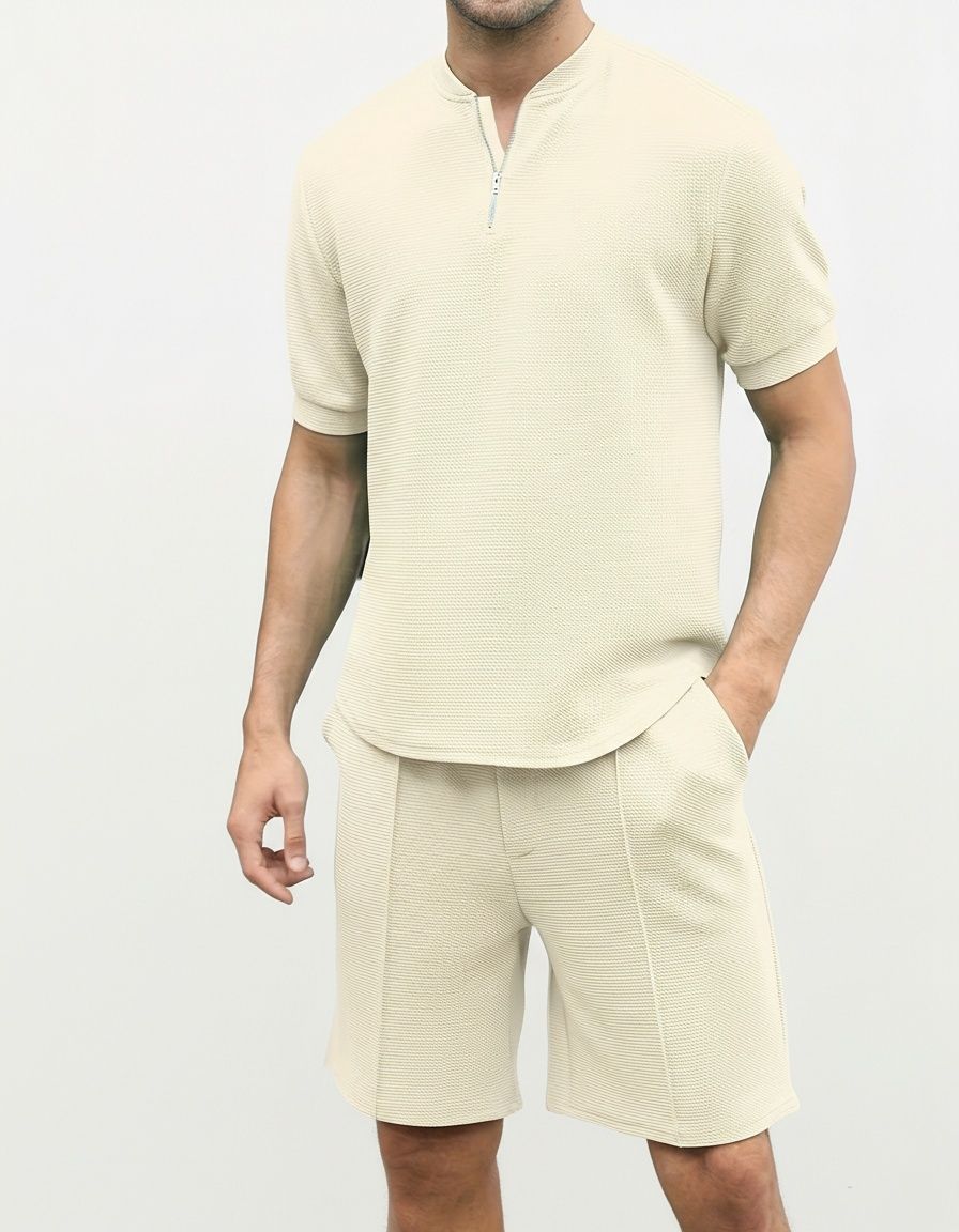 Waffle Textured Stand Collar Zippered Short-Sleeve Suit for Men's Casual Summer Wear