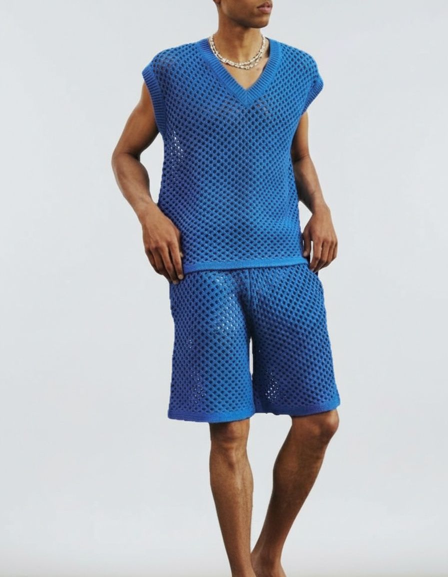 Hollow Knit Sleeveless V-Neck Vest and Shorts Two-Piece Set for Men's Casual Summer Wear