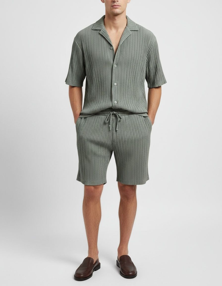 Striped Loose Fit Two-Piece Men's Sportswear Set with Short-Sleeved Shirt and Shorts for Summer Casual Wear