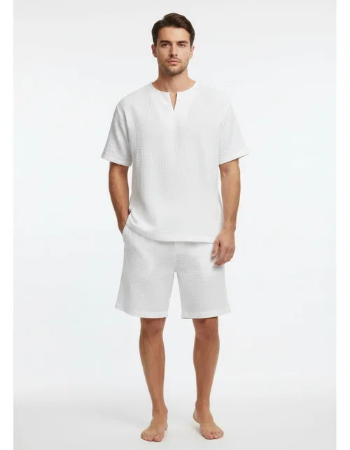 Loose Fit V-Neck Short-Sleeve Shirt and Shorts Two-Piece Set for Men's Casual Summer Wear