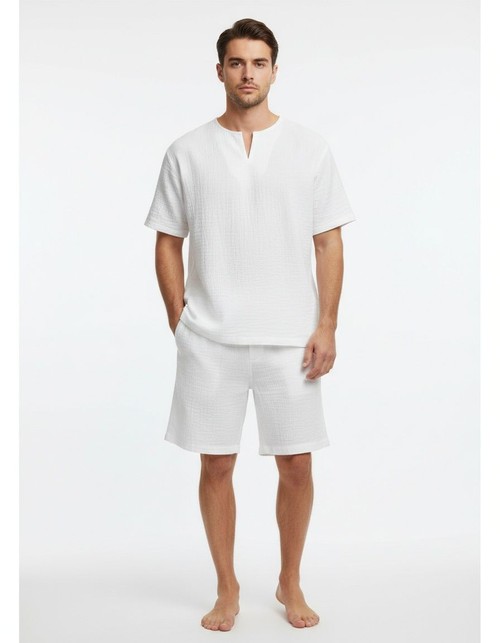 Conjunto de dos piezas de camisa holgada de manga corta con cuello en V y pantalones cortos para hombre, ropa informal de verano.