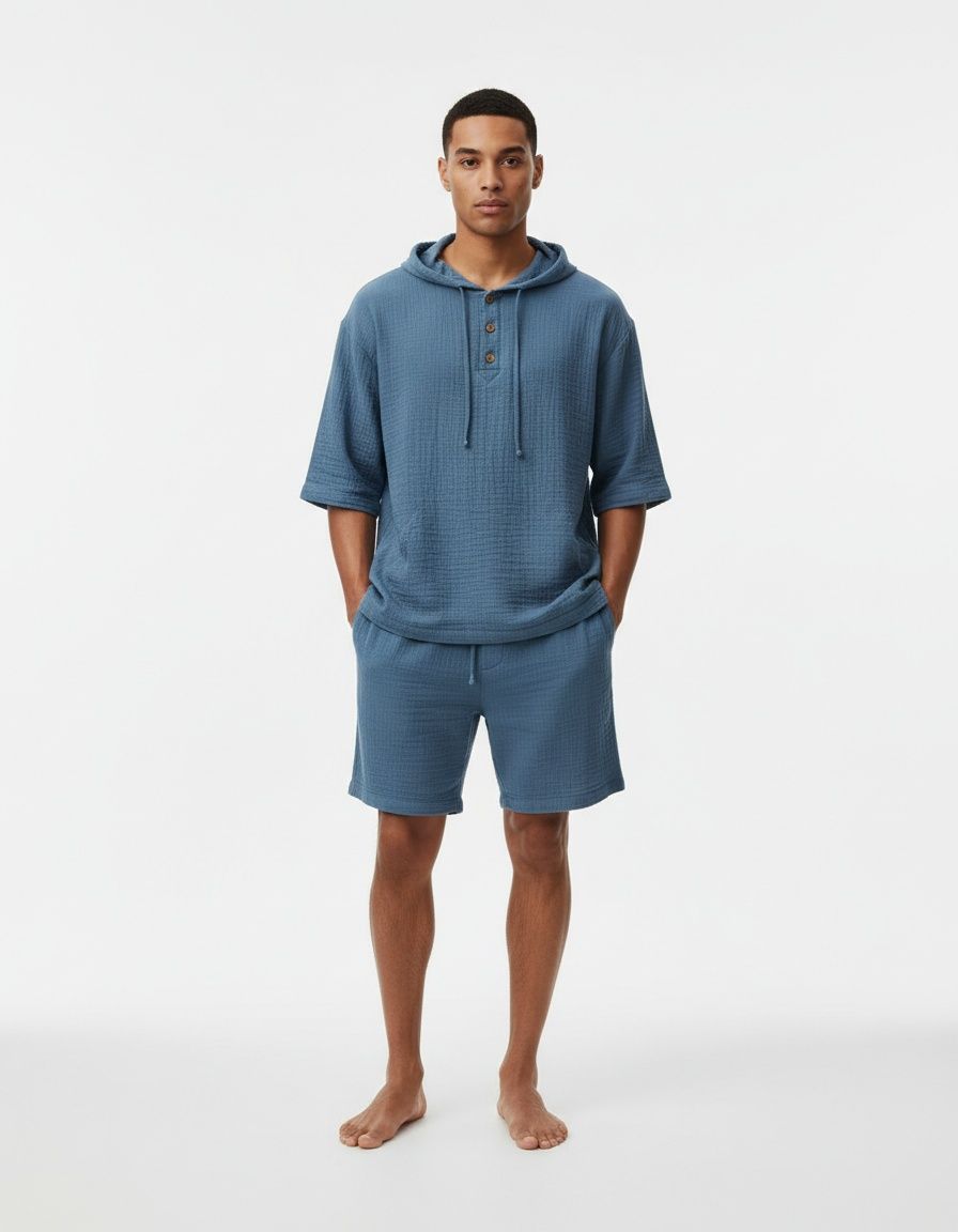 Conjunto holgado de dos piezas con capucha de color liso para ropa informal de verano para hombre