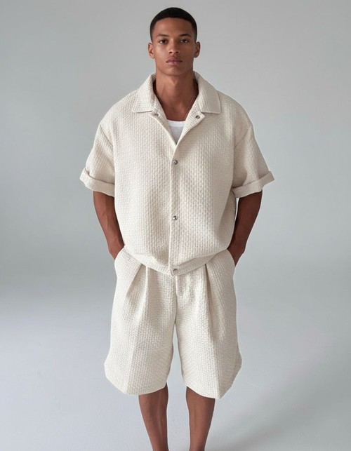 Conjunto de camisa y pantalones cortos para hombre de mezcla de poliéster transpirable y de corte holgado