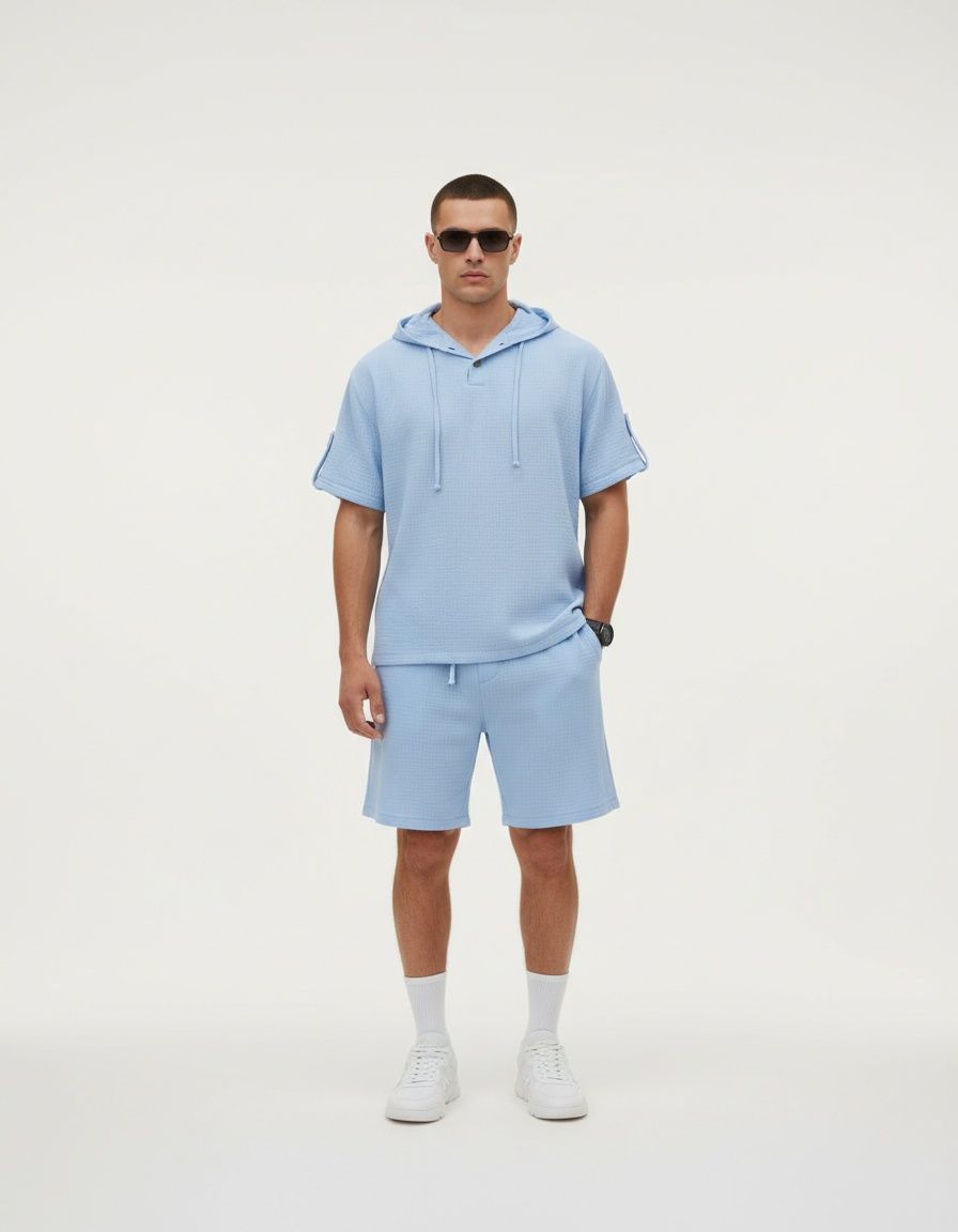 Conjunto de camisa y pantalones cortos casuales de verano con capucha ligera para hombre