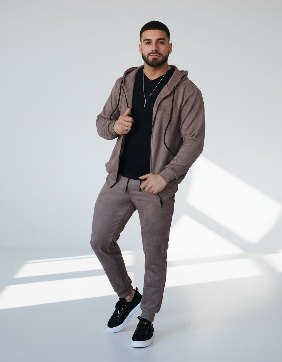 Hooded Zip-Up and Trousers Casual Sportswear Set with Relaxed Fit for Men's Winter Wear