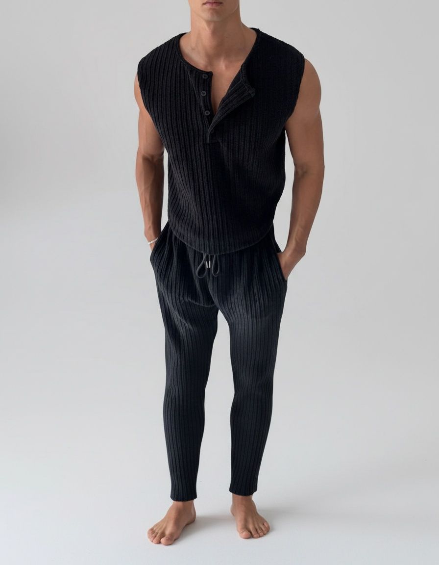 Conjunto de chaleco y pantalón a rayas con cuello Henley sin mangas para ropa informal de verano para hombre