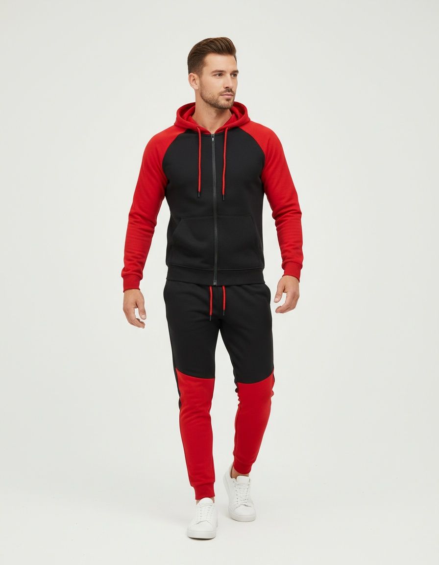 Conjunto deportivo con capucha y cremallera en bloques de color para ropa informal de invierno para hombre