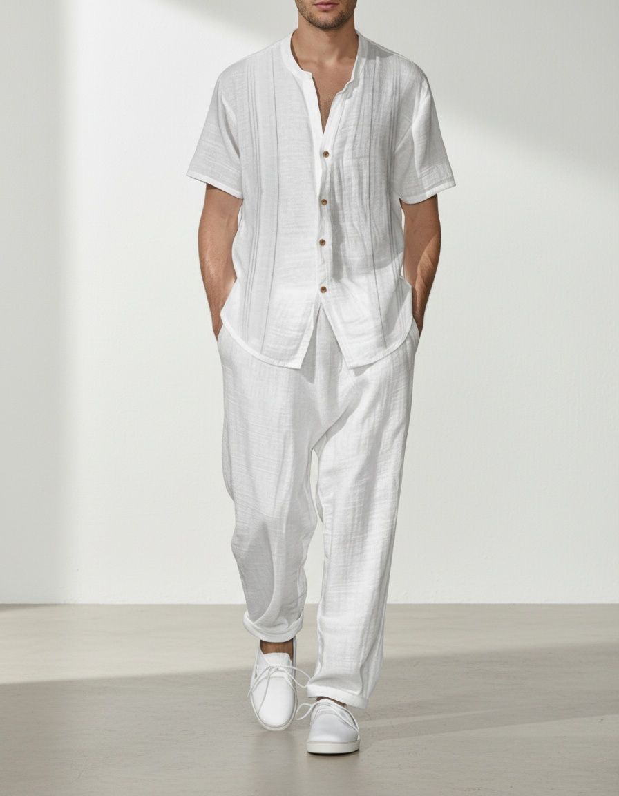 Loose Fit Solid Color Summer Set for Men with Short-Sleeved Shirt and Casual Pants