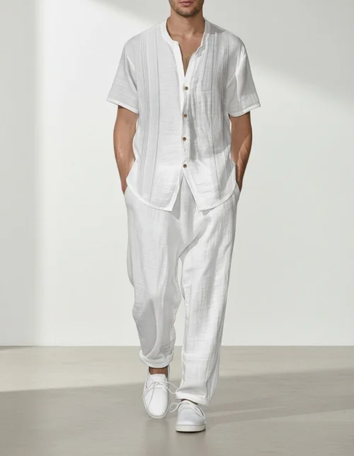 Loose Fit Solid Color Summer Set for Men with Short-Sleeved Shirt and Casual Pants
