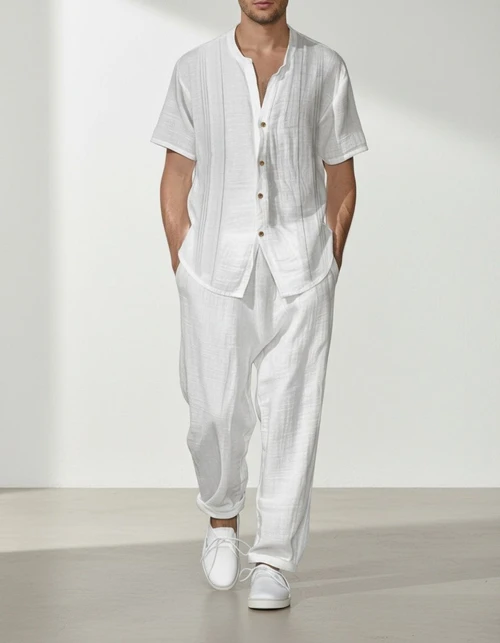 Loose Fit Solid Color Summer Set for Men with Short-Sleeved Shirt and Casual Pants