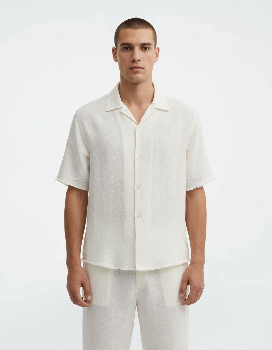 Solid Color Short-Sleeve Shirt and Pants Two-Piece Men's Set for Casual Wear