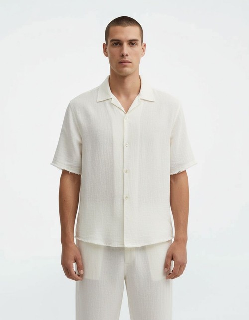 Solid Color Short-Sleeve Shirt and Pants Two-Piece Men's Set for Casual Wear