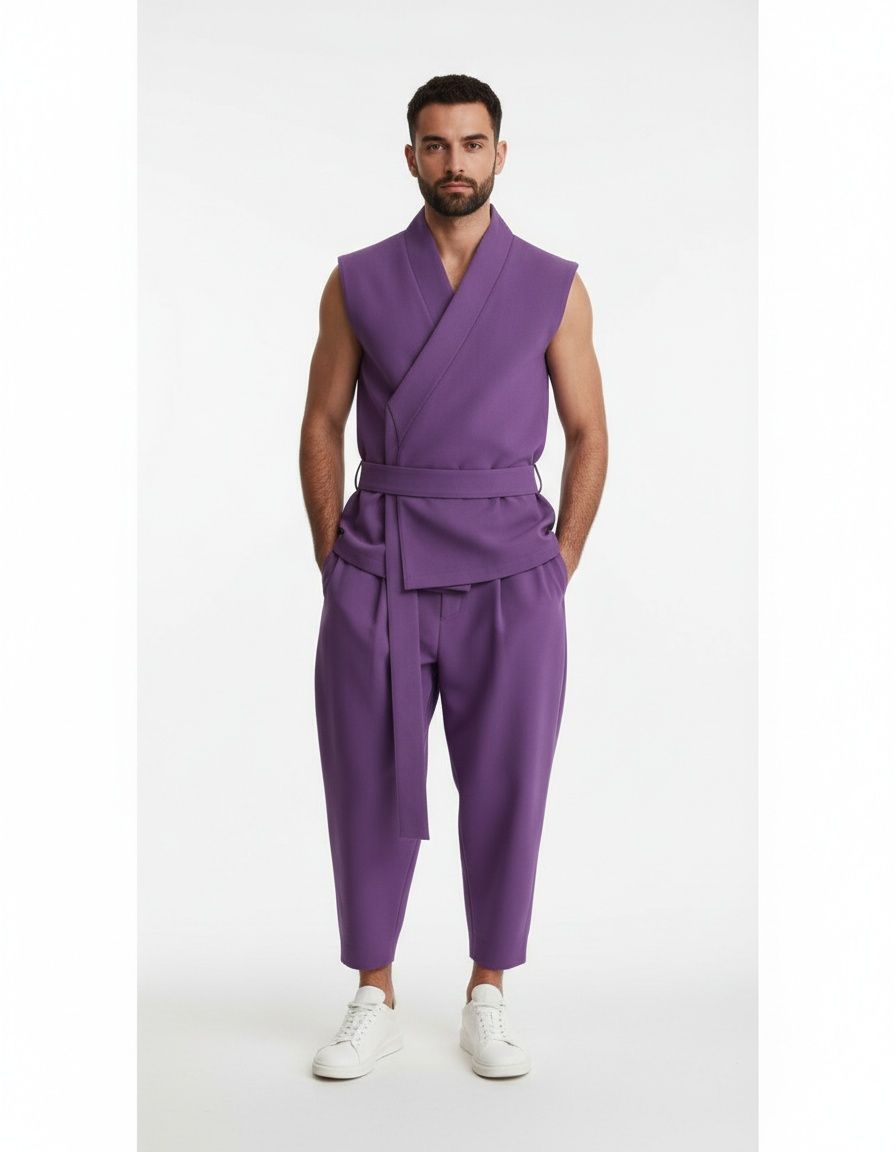 Purple Belted Cardigan and Trousers Two-Piece Casual Suit for Men