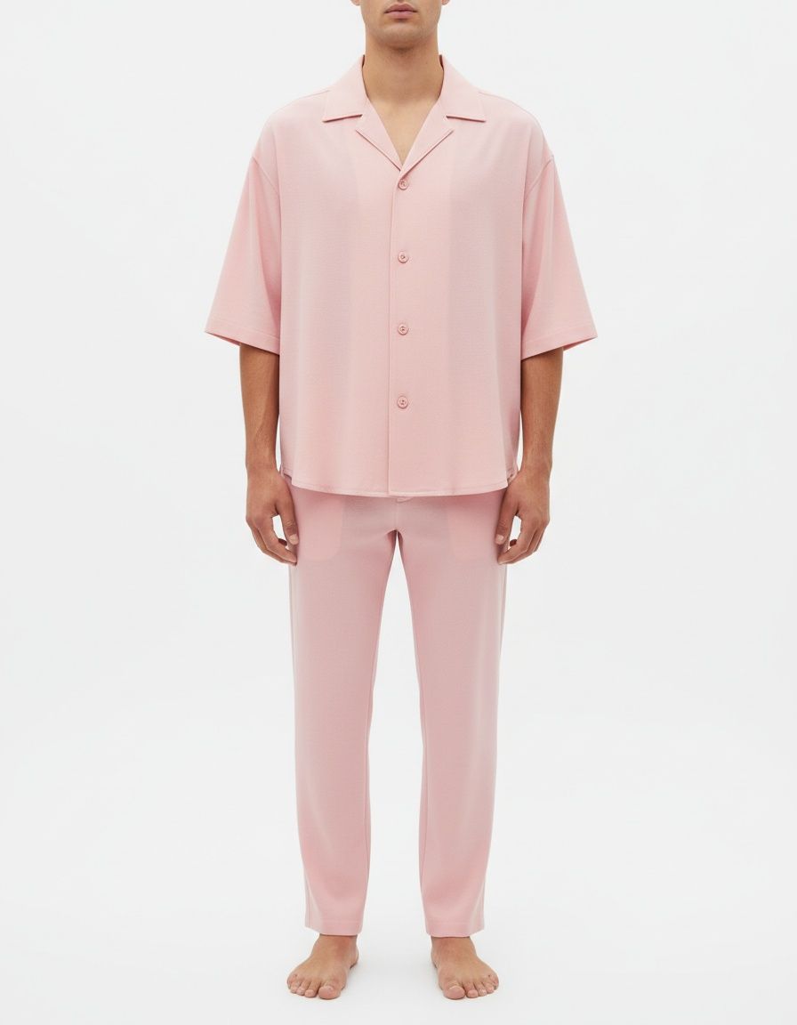 Slim Fit Solid Color Summer Shirt and Pants Two-Piece Set for Men's Casual Wear