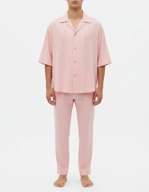 Slim Fit Solid Color Summer Shirt and Pants Two-Piece Set for Men's Casual Wear